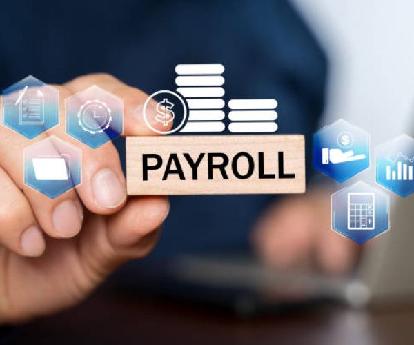 Payroll business finance concept, Businessman holding virtual Payroll icon for report financial information and do payroll, Financial, accounting. Individual income tax payment form.